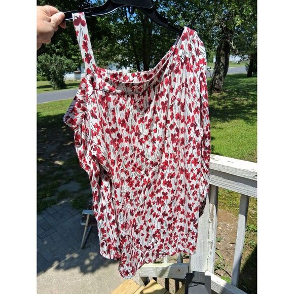 Lauren Ralph Lauren Top 2X White Red Floral One Shoulder Long Sleeve - Picture 1 of 7
